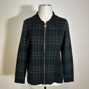 NWT Anne Klein Black/Treeline Green/Black Plaid Zip Up Sweater Womens Size Small